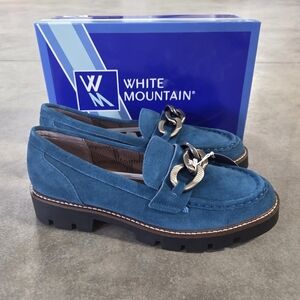White Mountain Goodie 2 Loafer Petro Blue Teal Suede Chain Platform Chunky NWT